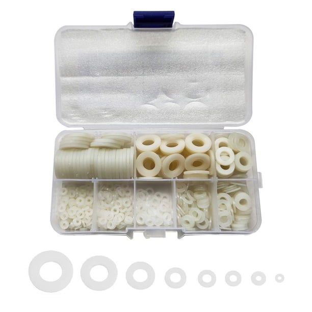 Paquete transparente de 500 Kit de cuñas surtidas de arandelas planas de nailon blanco para pernos de tornillo M2 M2.5 M3 M4 M5 M6 M8 M10, espaciador de aislamiento redondo