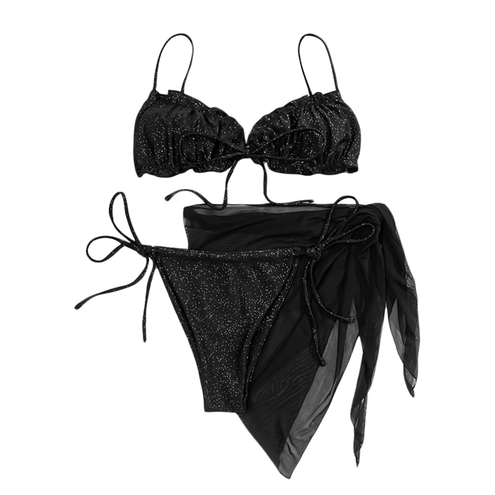 Imcute Women 3PCS Bikini Suit, Plain Pleated Ruffle Halter TieUp PushUp Bra, Strappy Triangle