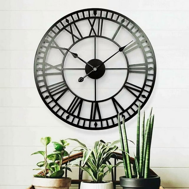 Weatherproof Garden Clock Retro Roman Numerals Vintage Simple Ironwork Outdoor Clock Battery Operated Silent 40cm