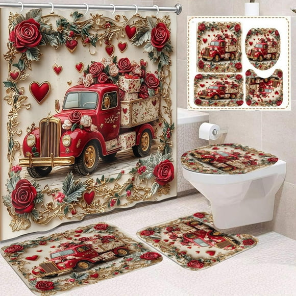 Cortina de ducha de poliéster con lazo para el día de San Valentín, impresión digital P-Ink, impermeable, para dormitorio, decoración de baño, artículos esenciales para cruceros