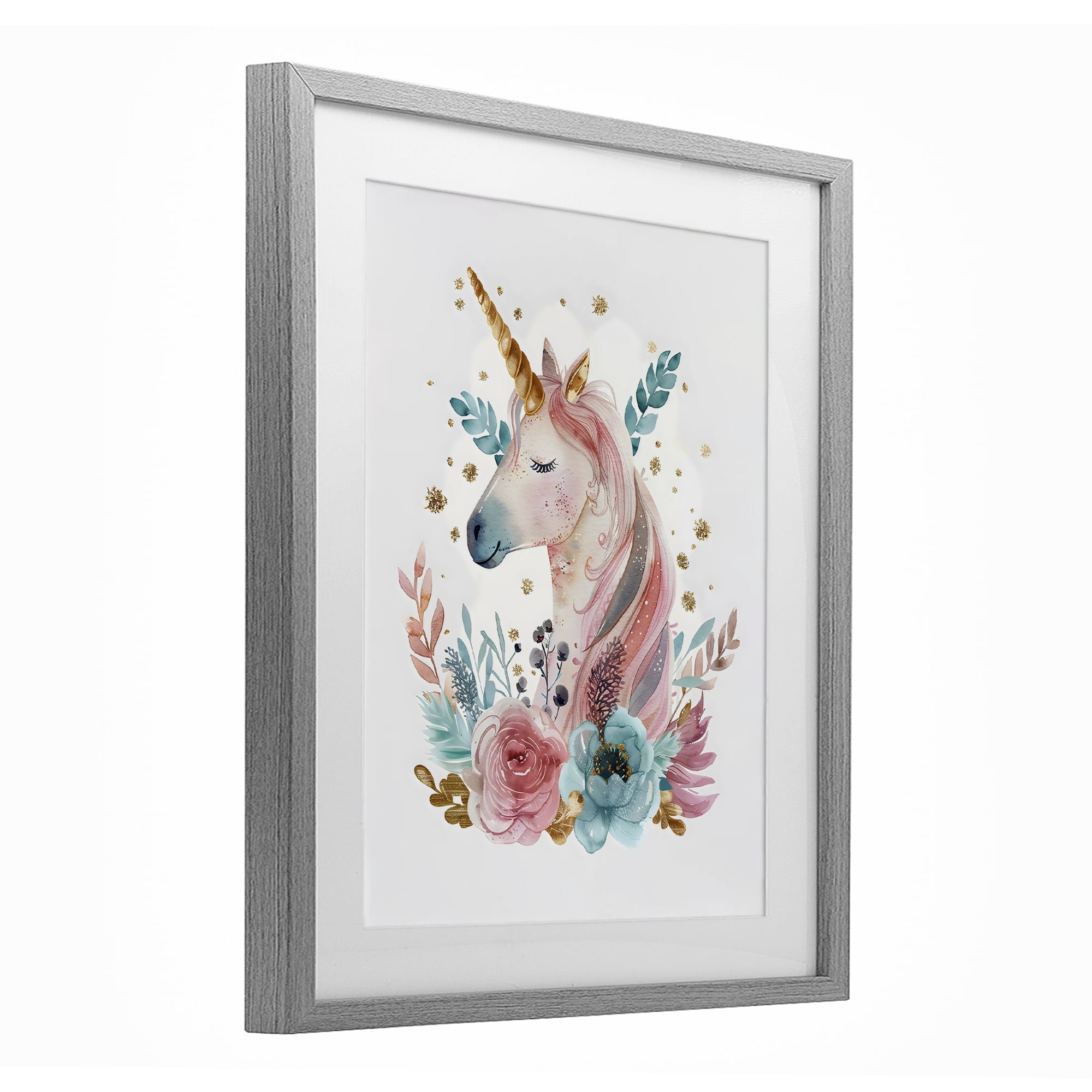 Stupell Industries Floral Unicorn with Gold Details Gray Framed Print Under Glass, design by LSR Design Studio