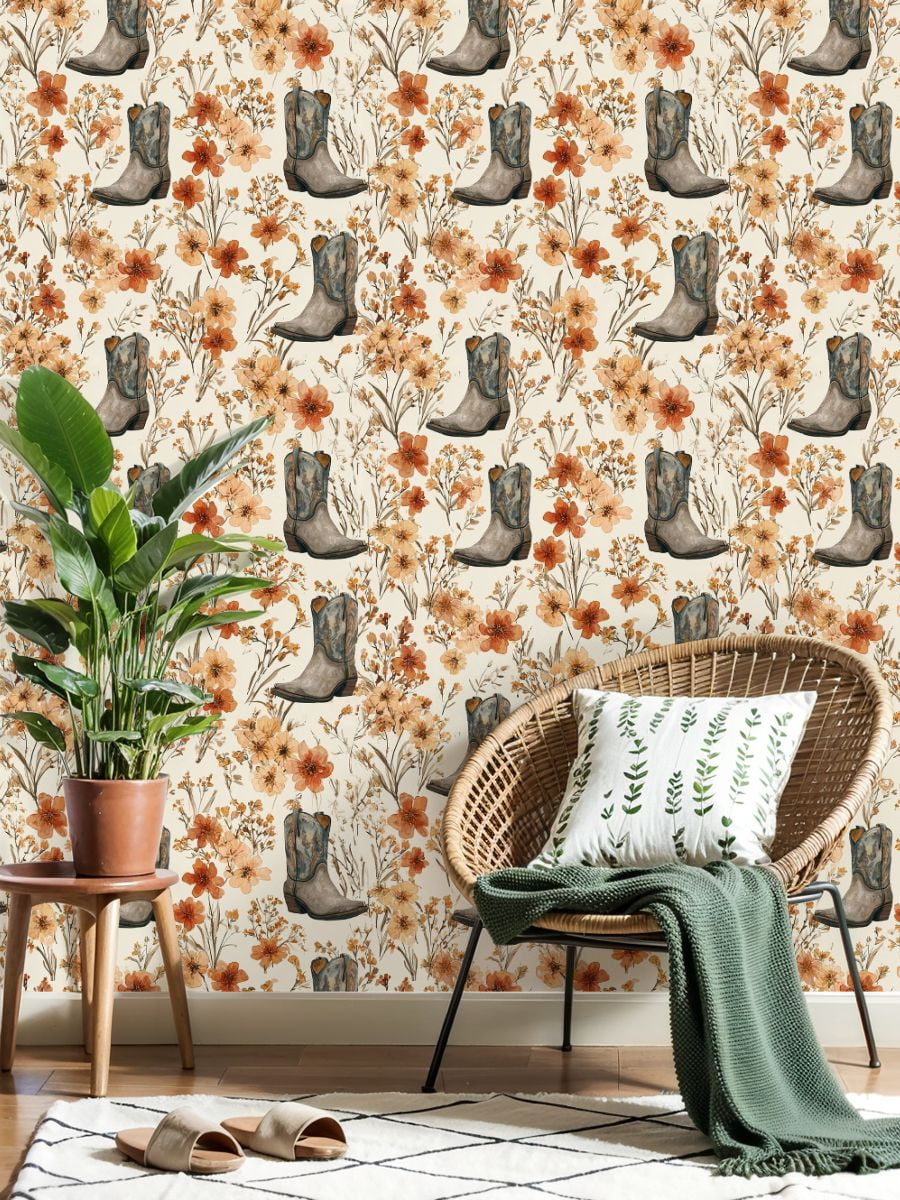 Western Peel and Stick Wallpaper Cowboy Boots Floral Bouquet Warm Earth Tones Wall Mural 23.6in x 9.8ft Self Adhesive Removable Wall Paper Renter Friendly Wallpaper for Nursery Bedroom Cabinets