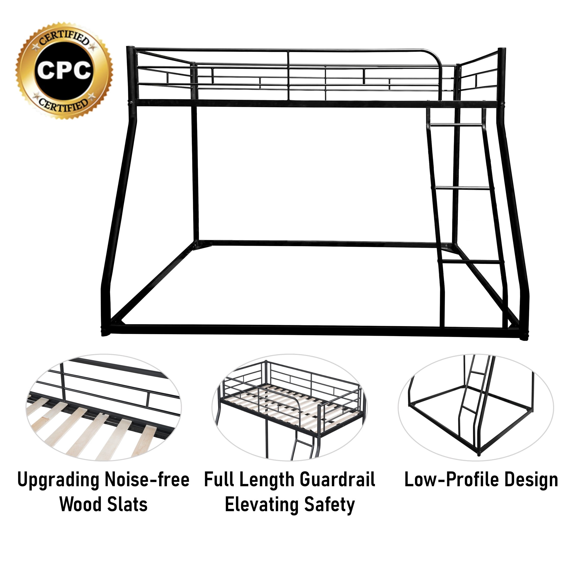 Twin Over Full Bunk Bed, Metal Bunk Beds with Full Length Guardrail, Low Profile Bunk Bed Frame for Bedroom, No Box Spring Needed, Black