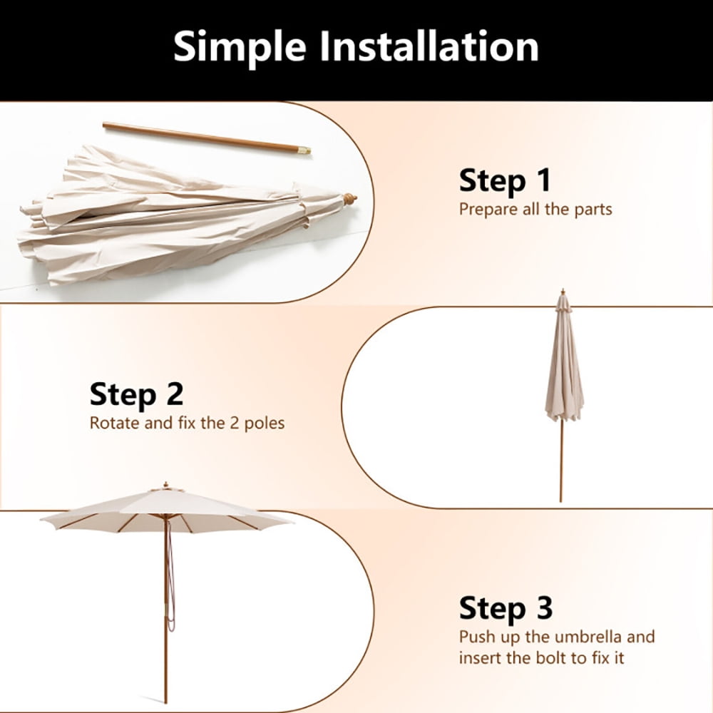 Aimee Lii 10 Feet Patio Umbrella with 8 Wooden Ribs and 3 Adjustable Heights, Sunbrella Patio Umbrellas, Beige Aimee Lii 10 Feet Patio Umbrella with 8 Wooden Ribs and 3 Adjustable Heights, Sunbrella Patio Umbrellas, Beige
