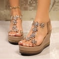 thumbnail image 2 of Rokment Glitter Crystal Flowers Platform Wedge Sandals for Women Sparkly Rhinestones Elegant Chunky High Heels Elastic Ankle Strap Bride Wedding Dress Summer Shoes Beach Khaki Size 6.5, 2 of 8