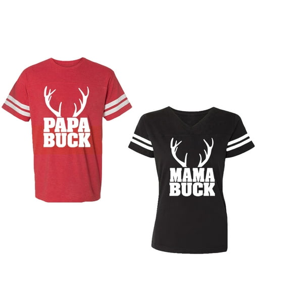 Papa Mama Buck Unisex Couple Matching Cotton Jersey style T-Shirt Contrasting stripes on sleeves (Men Red / Women Black) (Men S / Women S)