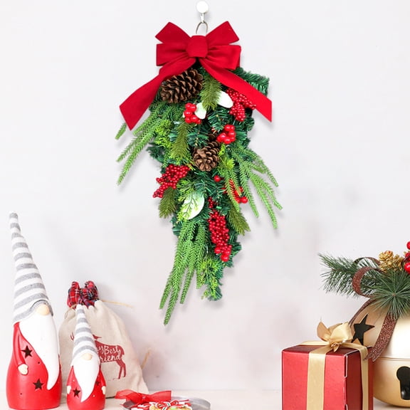 Eliaeconx Christmas Tree Decoration, 18in Flocked Wall Hanging, Red Berry Bow Arrangement, Upside Down Drop, Rattan Wreath Decor for Holiday Season, Indoor Decor, Multicolor