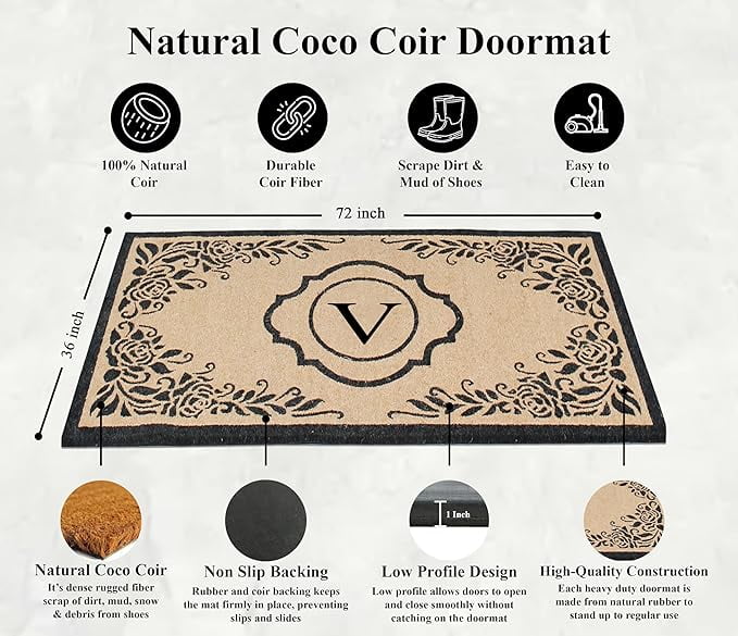 A1HC Natural Coir Monogrammed Floral Door Mat, 36"x72", Durable Anti-Shed Outdoor Door Mat, Heavy-Duty, Low-Profile, Easy to Clean