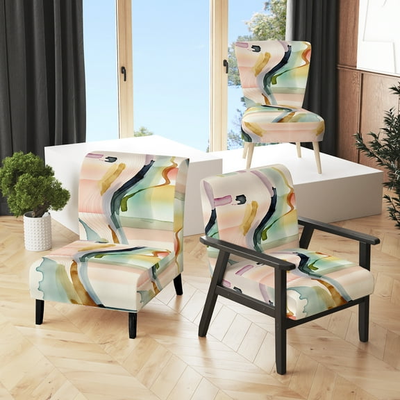Designart "Waves of Multicolor Abstraction III" Green Modern Upholstered Accent Chair - Modern Arm Chair For Living Room