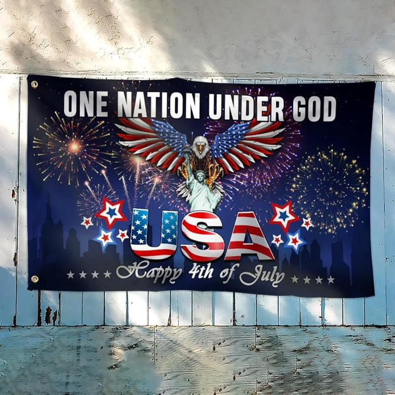 One Nation Under God 4th of July Patriotic Flag Grommet Flags 5x8 Double Sided US America Eagle Outdoor Garden Banner Decoration