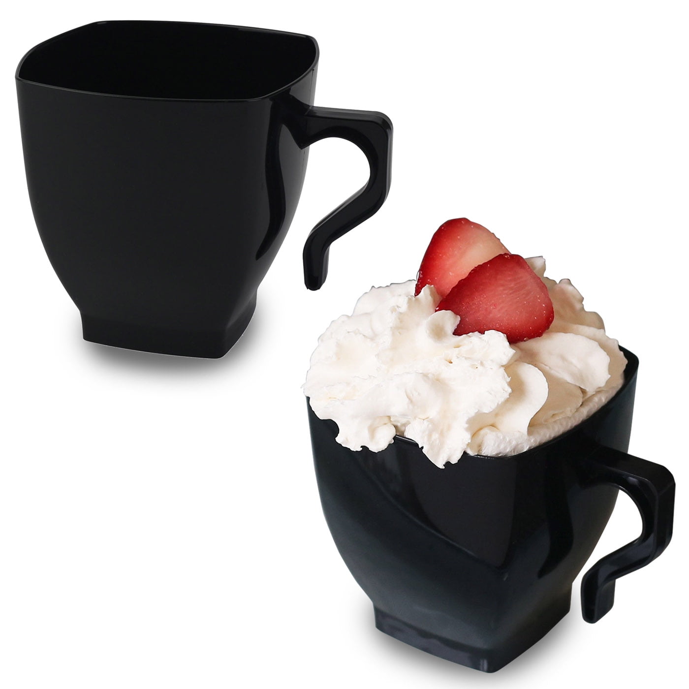 Black Plastic Coffee Cups 8oz Square Mugs with Handle Disposable or