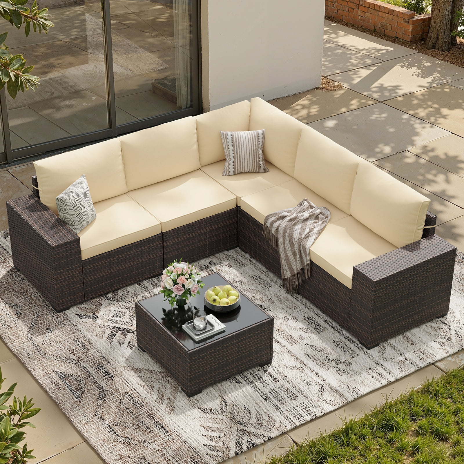 STARY 6 Pieces Outdoor Sectional Sofa with Wide Armrests, Patio Conversation Set, PE Rattan Furniture Set for Backyard, Cream
