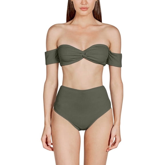 Inadays Women's Off Shoulder Bikini Sets High Cut Bandeau Bathing Suits High Waisted Two Pieces Swimsuit Sexy Swimwear, Army Green, M