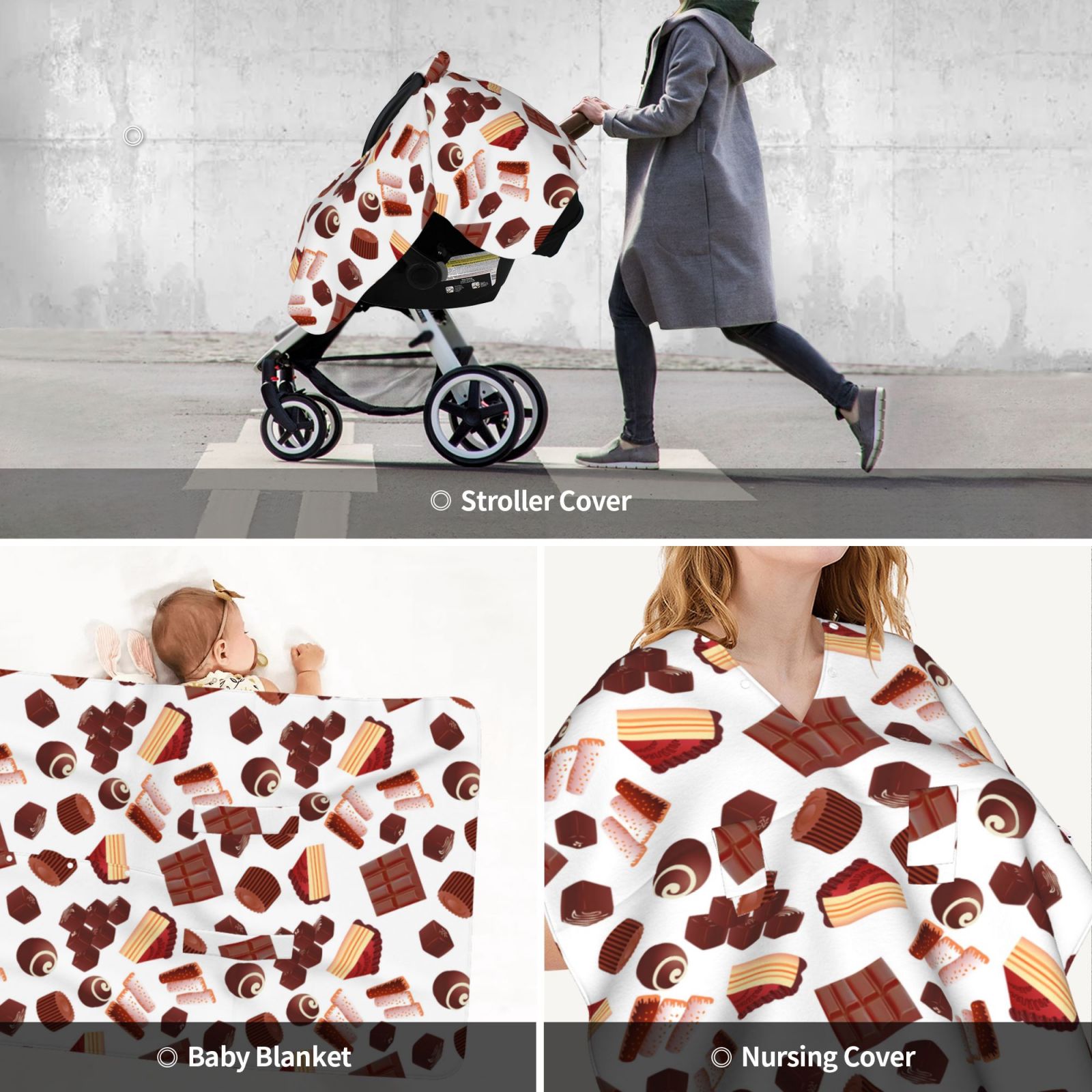 Car Seat Cover Baby - Chocolate Print No.J93 Breathable Infant Car Seat Cover for Baby Carseat, Lightweight Comfort Baby Essentials Must Haves Newborn Stuff for Girl Boy