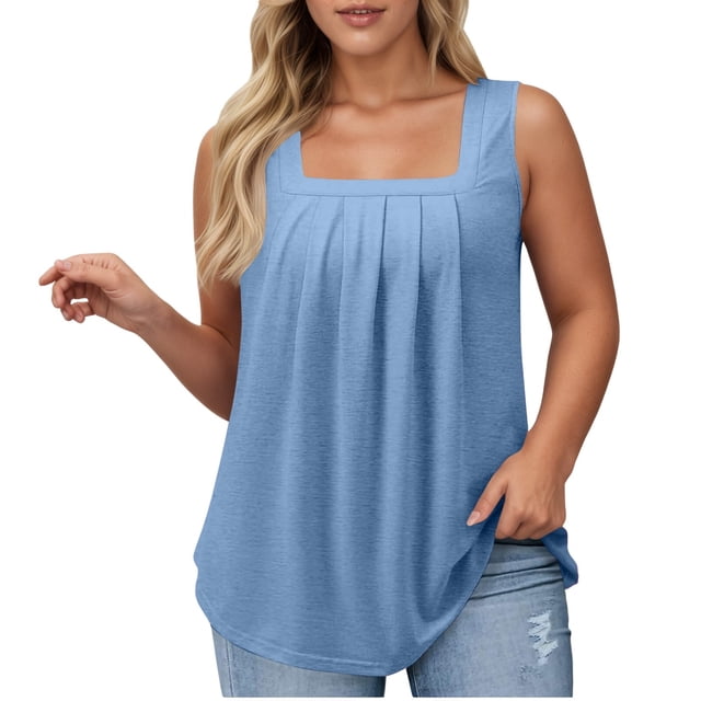 Gpoecd Plus Size Tank Tops for Women Women's Casual Square Neck Pure Color Ruffle Detail Blouse for Spring Summer Camisole Tops for Women Light Blue,L