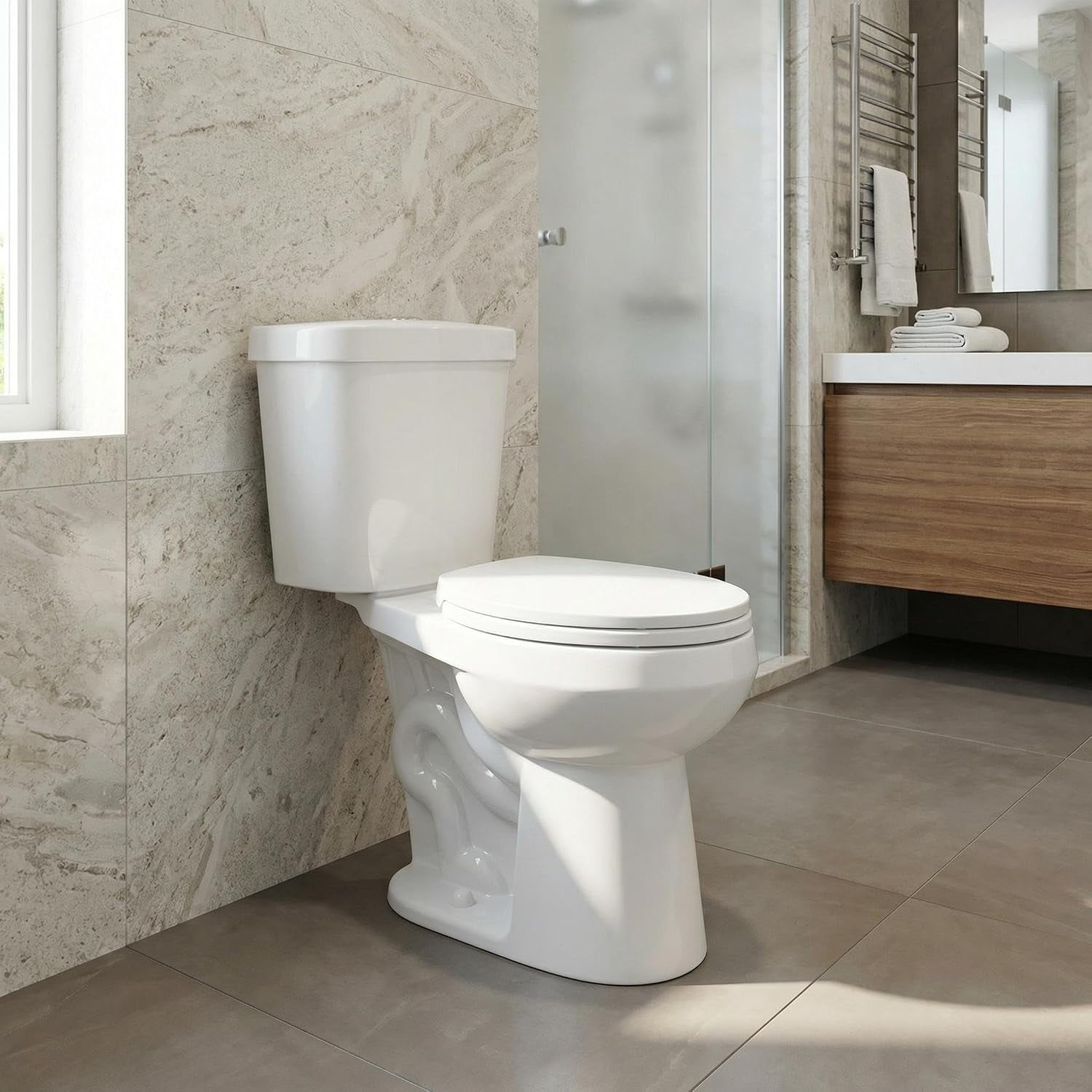 Senfot ADA Compliant Raised Height Two Piece Round Toilet with PP Seat- 19 Inch Seat Height- Dual Top Button Flush System Ceramic Bathroom Commode for Seniors Mobility Aid