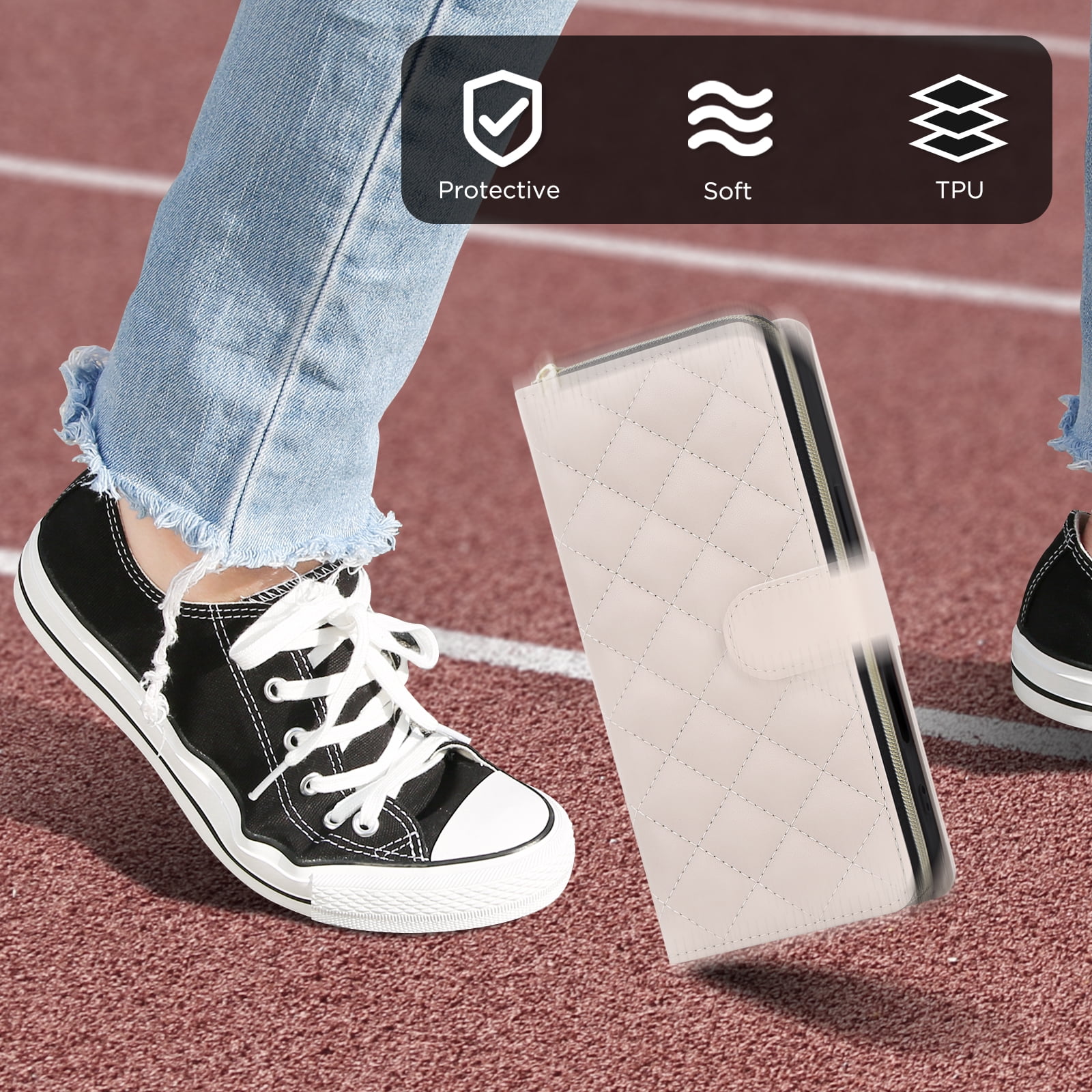 Compatible for iPhone 12 Pro / 12 6.1" Wallet Case, Crossbody Strap PU Leather Folio Phone Cover, Zipper Handbag Purse with Card Holder Lanyard Flip Stand for iPhone 12 Pro / 12 6.1", Beige