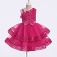 thumbnail image 2 of IBTOM CASTLE Toddler Kids Girls Pageant Sequin Flower Dress, Shiny Asymmetric Shoulder Formal Party Tiered Tulle Gowns 2-8T Red, 2 of 7