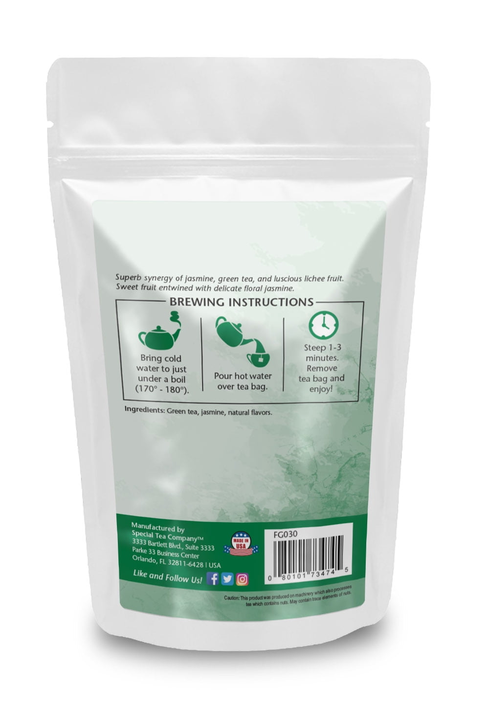 Special Tea Shanghai Jasmine Green Tea with Lychee Flavor Pyramid 15 Sachets