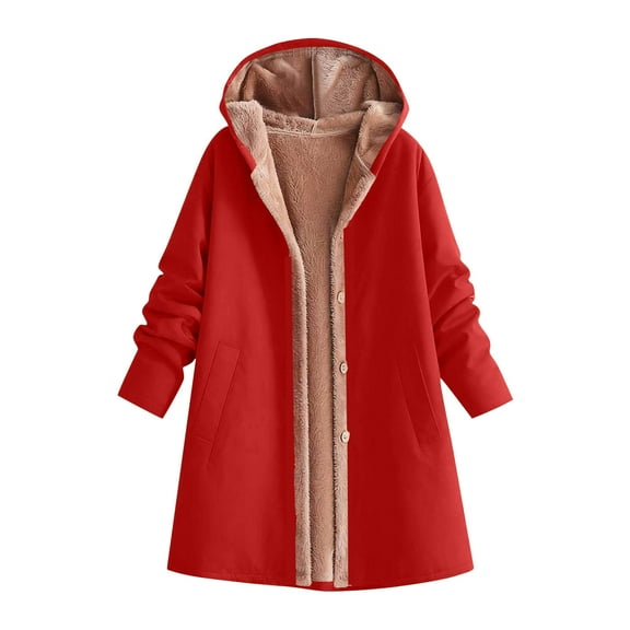 Wensltd Women Fashion Fleece-Lined Hooded Jacket Long Sleeve Zip Pockets Casual Loose Daily Wear Warm Outerwear
