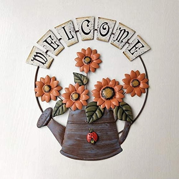 Louist Garden Themed Sunflower Welcome Sign, Vintage Metal Sunflower and Watering Can Design Welcome Door Sign for Front Door 16.5X14.5, Hanging Welcome Wall Plaque Home Garden Decor (Orange)