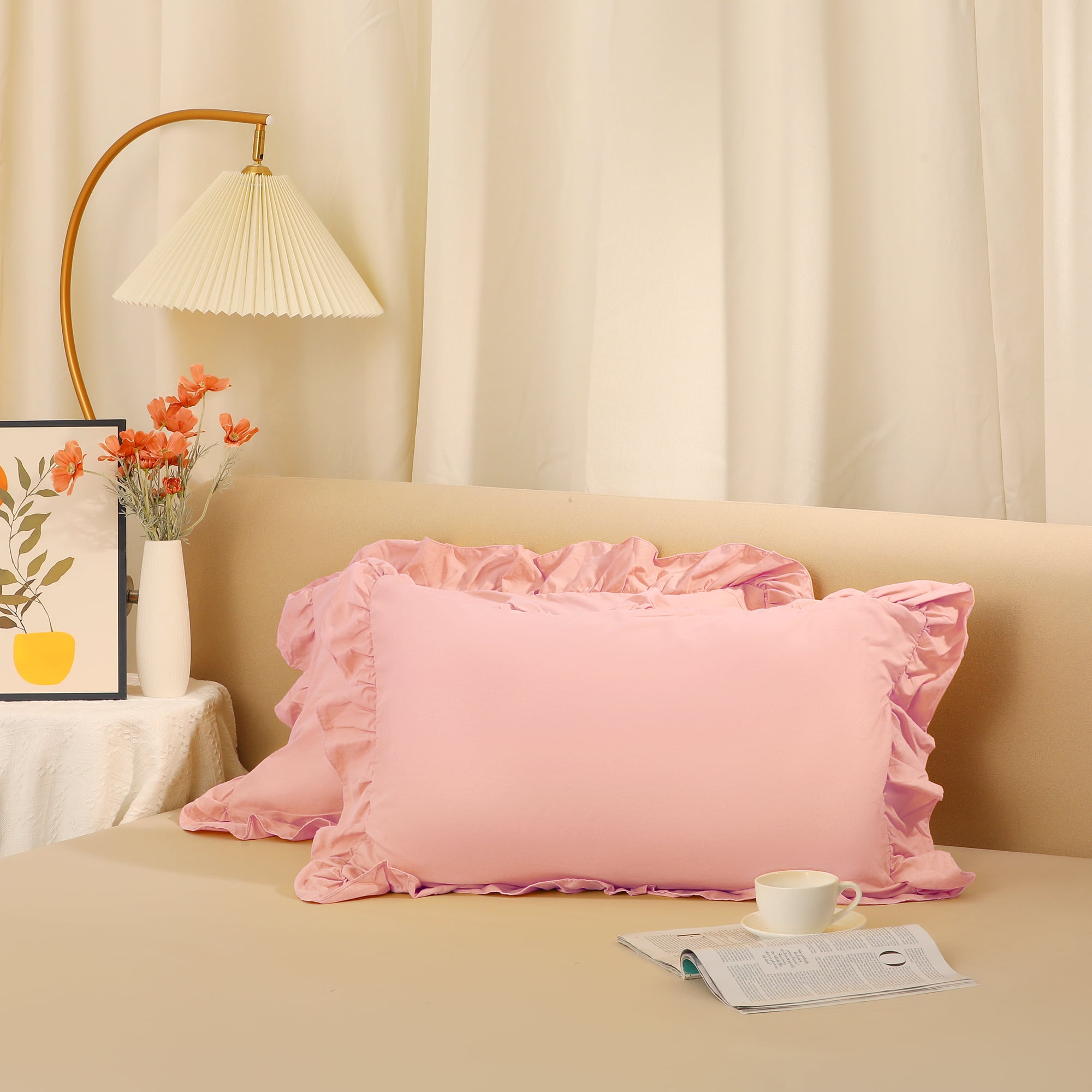 Unique Bargains Set of 2  Single Layer Ruffled Envelope Closure Pillow Shams Queen Pink
