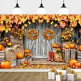 thumbnail image 2 of 10X8ft Fall Barn Wood Door Photography Backdrop Autumn Western Forest Rustic Pumpkin Harvest Hay Natural Scenery Maple Leaves Farm Harvest Banner Decoration Studio Props Party Backdrop Birthday, 2 of 5