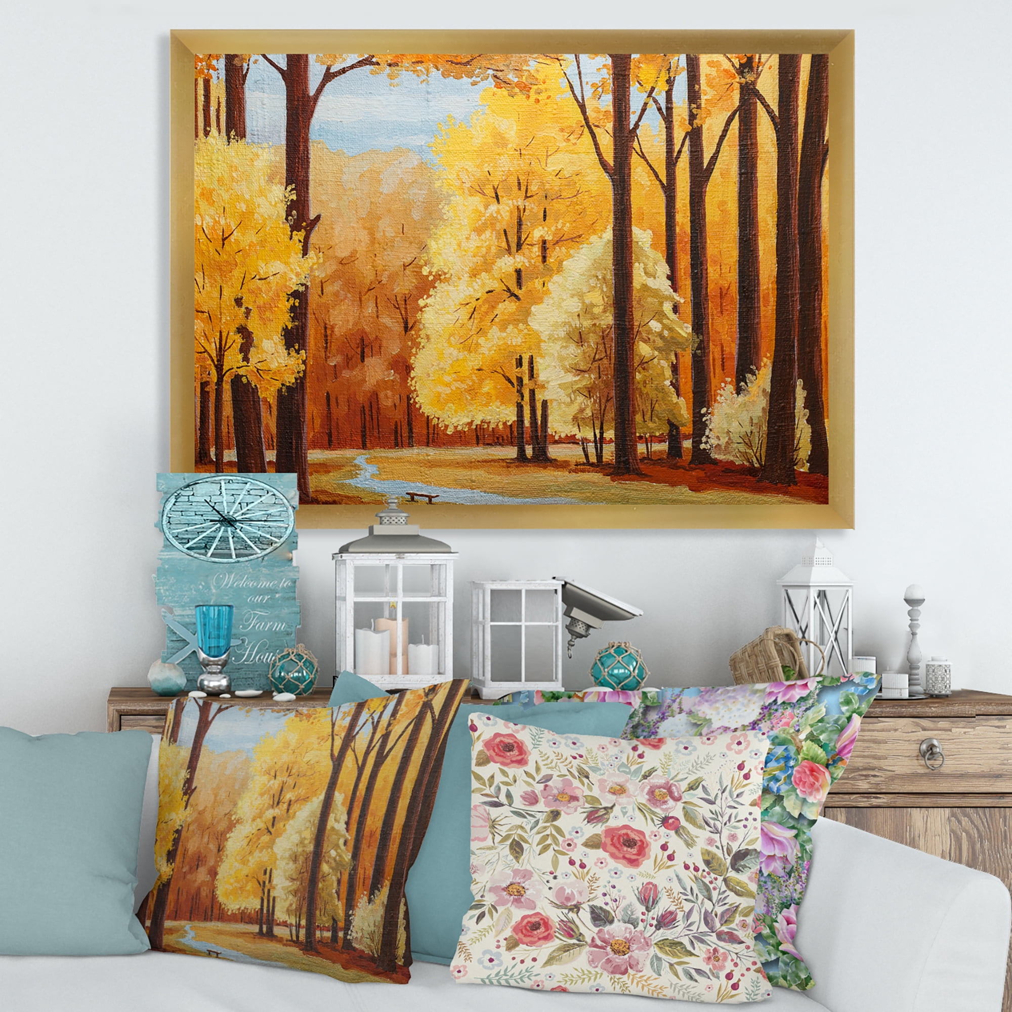 Designart 'Orange Autumn Trees At Sunrise' Farmhouse Framed Art Print