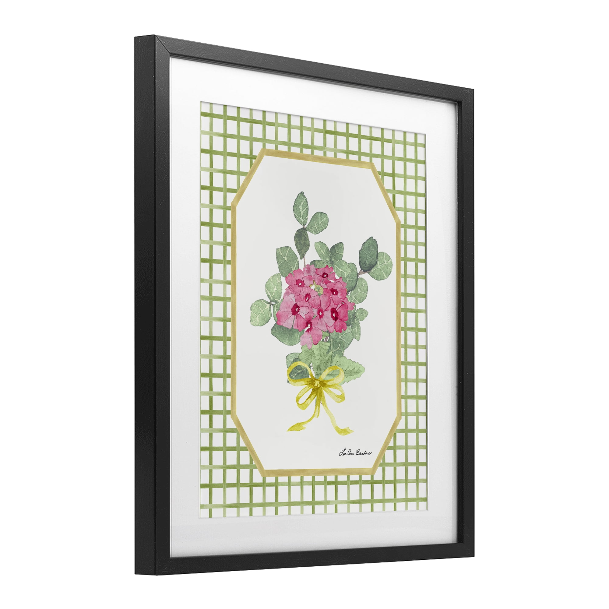 Botanical Story on Grid Pattern Black Framed Print Under Glass, design by Lee Ann Sanders