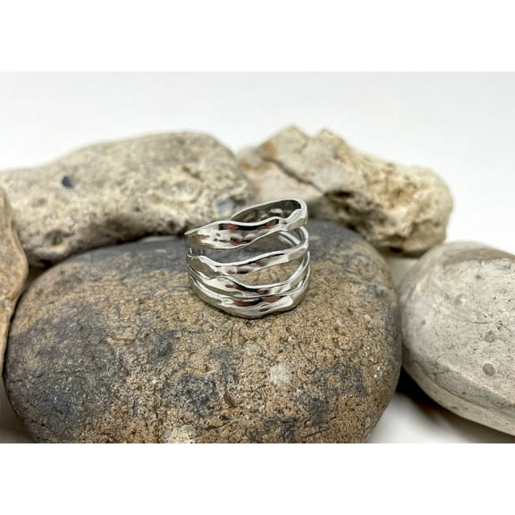925 Sterling Silver Hammered Thick Statement Ring - Multi-Layer Chunky Boho Ring for Women & Men