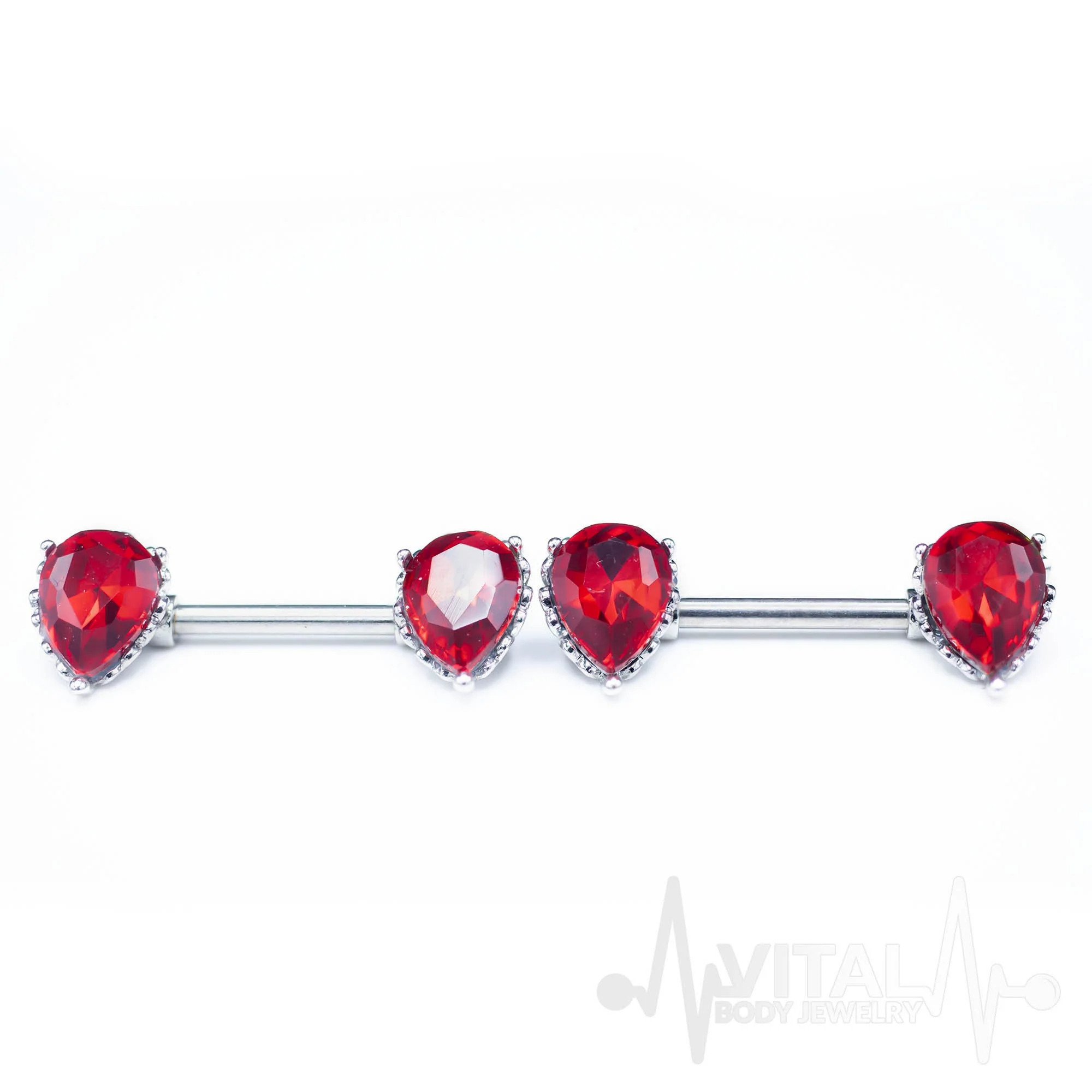 Pair of Red Nipple Bars, Aurora Borealis affect Nipple Rings, 14G, Double Front Facing Teardrop CZ Prong Set Active