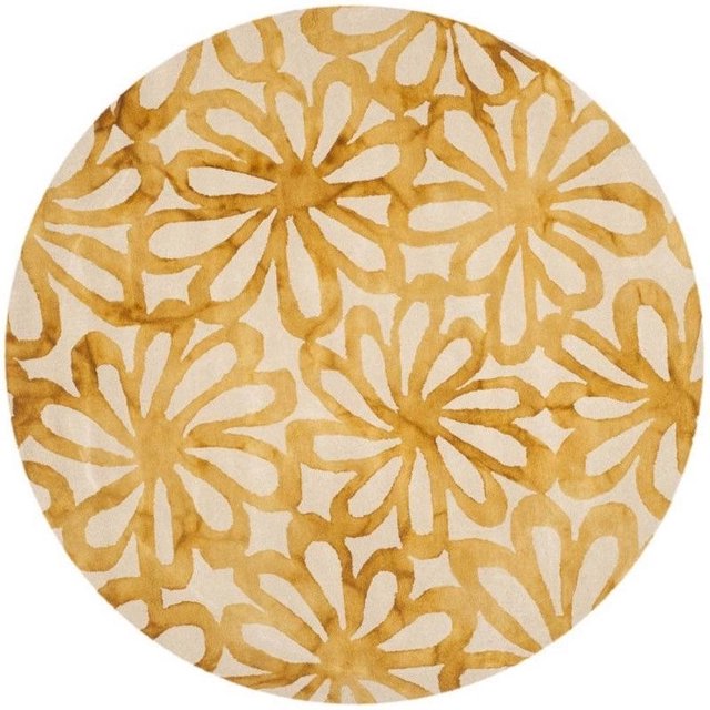 Safavieh Dip Dye Collection DDY527M Handmade Modern Abstract Floral Watercolor Beige and Gold Premium Wool Round Area Rug (7' Diameter)