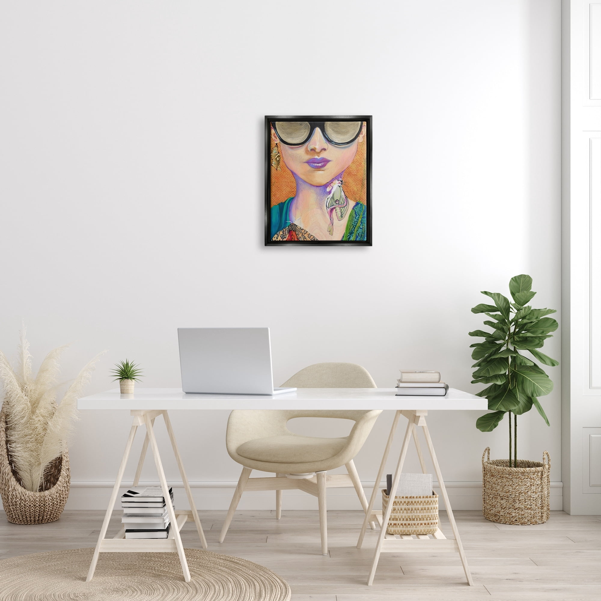 Stupell Industries Woman Wearing Butterfly Insect Jewelry Sunglasses Painting Painting Jet Black Floating Framed Canvas Print Wall Art, Design by Stacy Gresell