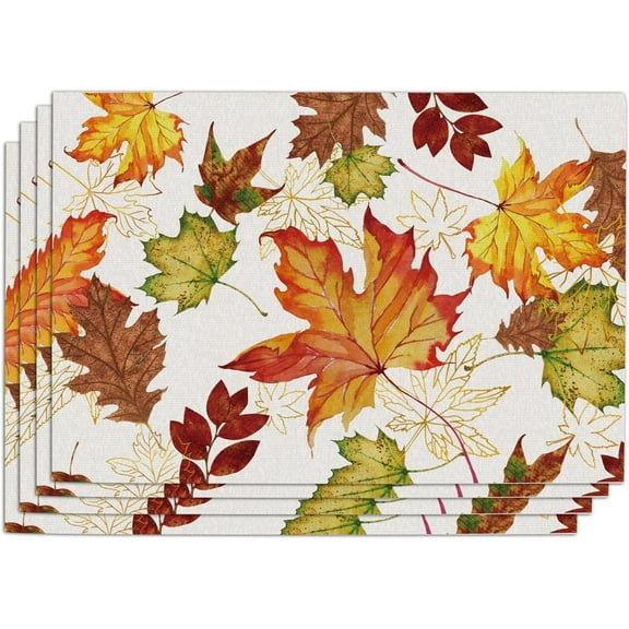 mubwai Fall Maple Leaves PVC Placemats Set of 4, Autumn Gold Leaf Dining Table Place Mats, Thanksgiving Seasonal Kitchen Decor Home Decoration 12 x 18 Inches