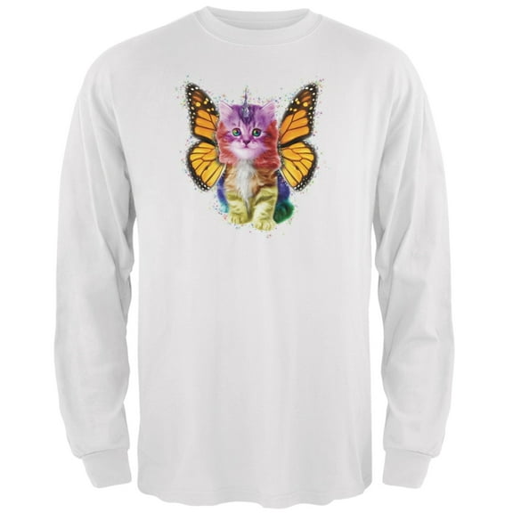 Rainbow Butterfly Unicorn Kitten White Adult Long Sleeve T-Shirt - 2X-Large