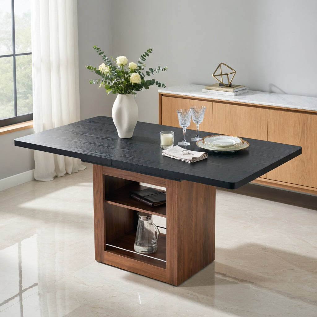 Hommoo Expandable Dining Table with Storage, 59-71" Rectangular Pull-Out Table for 4-8 People, MDF + Metal Frame, Modern Space-Saving Kitchen/Dining Room Furniture, Black & Walnut