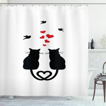 Ambesonne Love Shower Curtain, Cats in Love Heart Tail, 69"Wx70"L, Red Black White