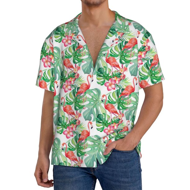 Balery Flamingo And Monstera Camisa Casual de Manga Corta con Botones para Hombre, Texturizada, Estilo Cubano, para Playa, Verano-Small