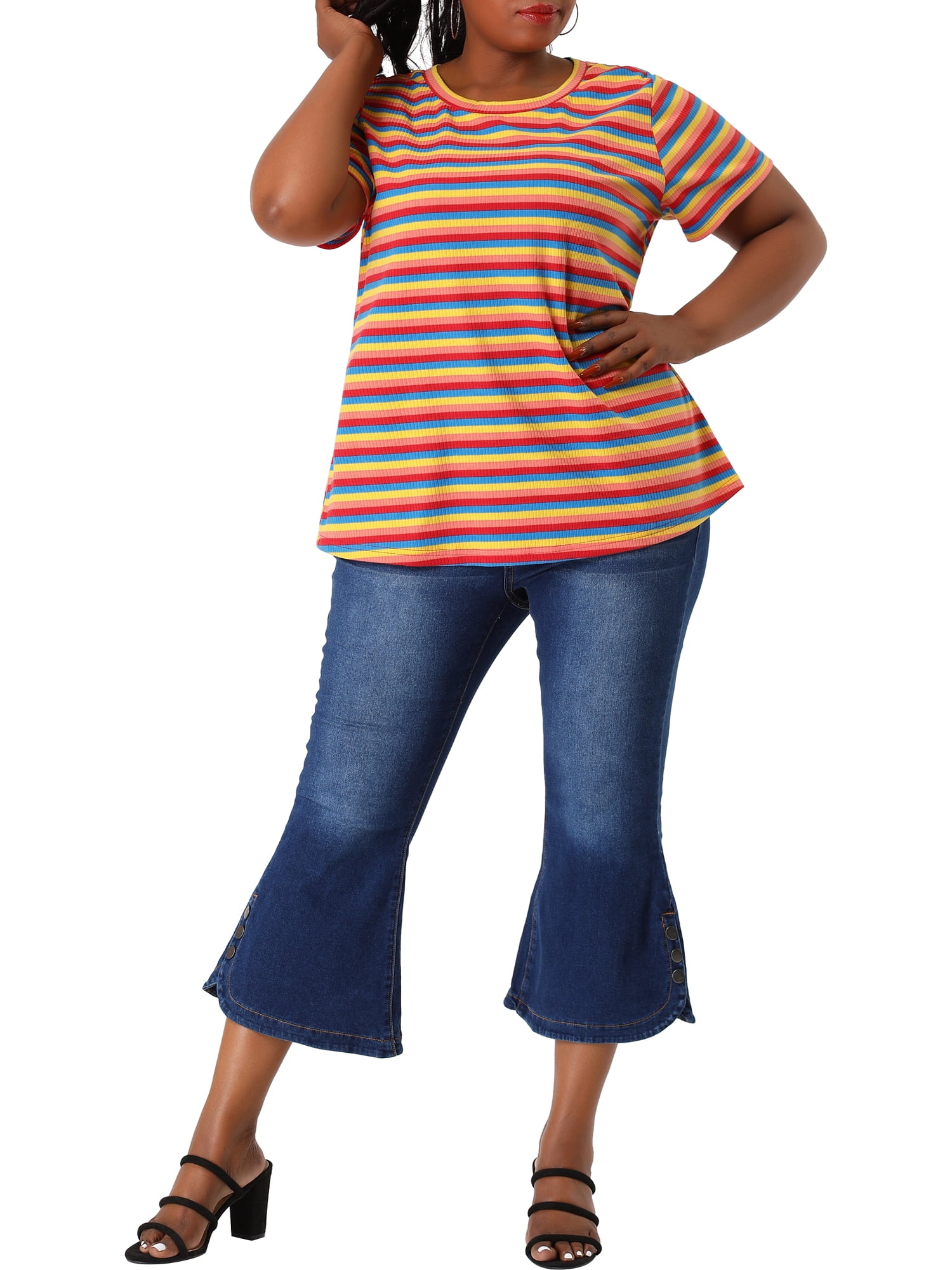 Unique Bargains Women's Plus Size Short Sleeve Crew Neck Striped Top 1X Rainbow