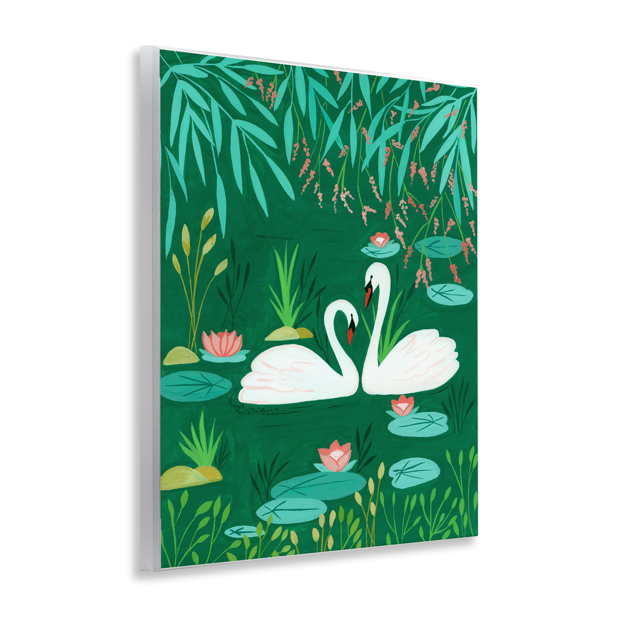 Swan Pair on Green Pond Wall Plaque Art, design by Nabeela Rumi
