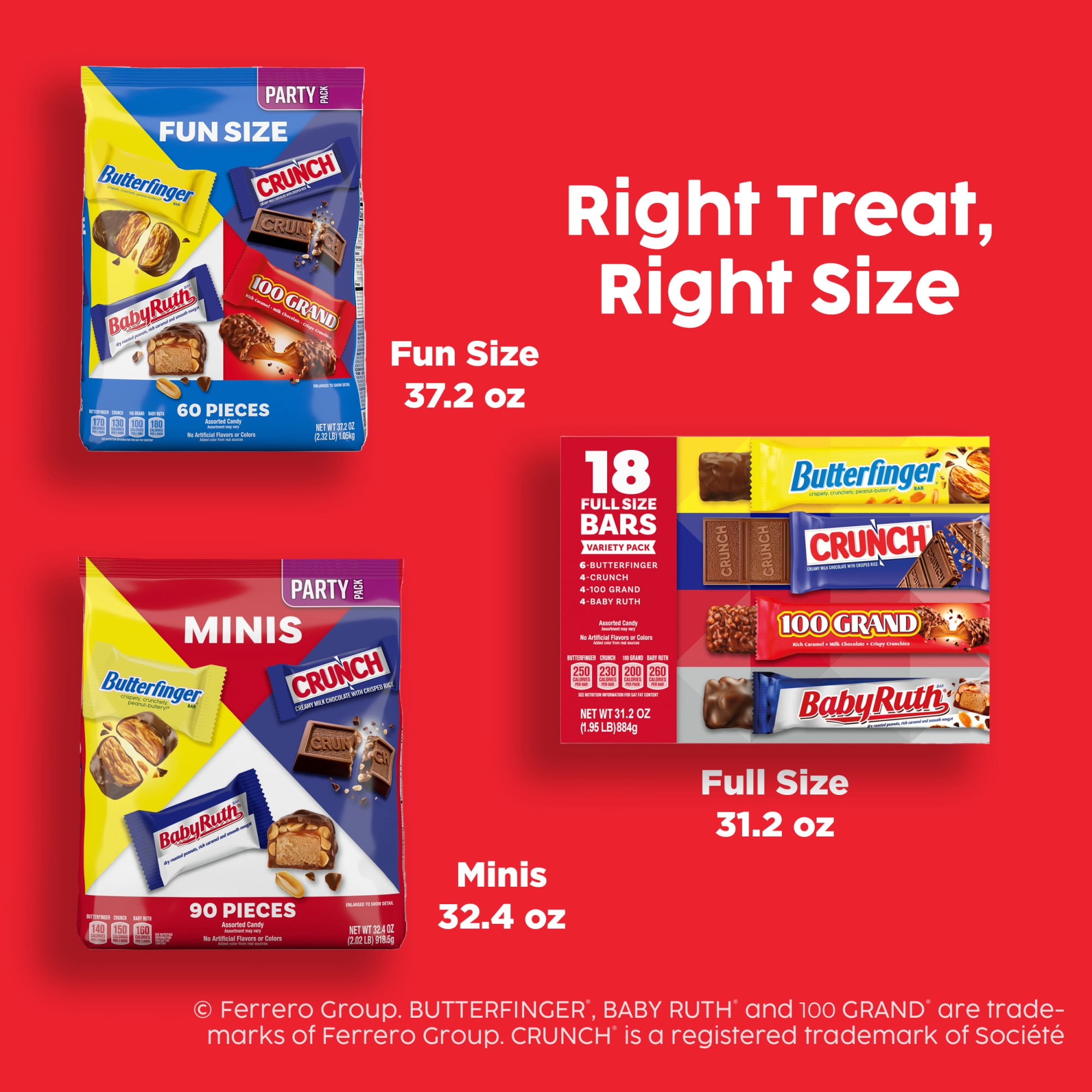 (4 pack) Assorted Butterfinger, Crunch, Baby Ruth, and 100 Grand Full Size Chocolates, 18 count, 31.2 oz