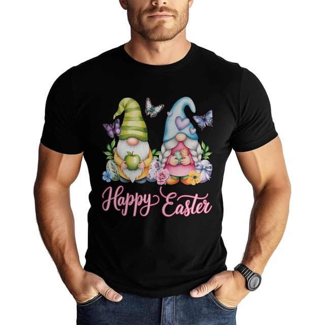 Camisetas para hombre, camiseta de algodón con cuello redondo y diseño de gnomo de Pascua, manga corta, estilo pastoral, con flores y mariposas.