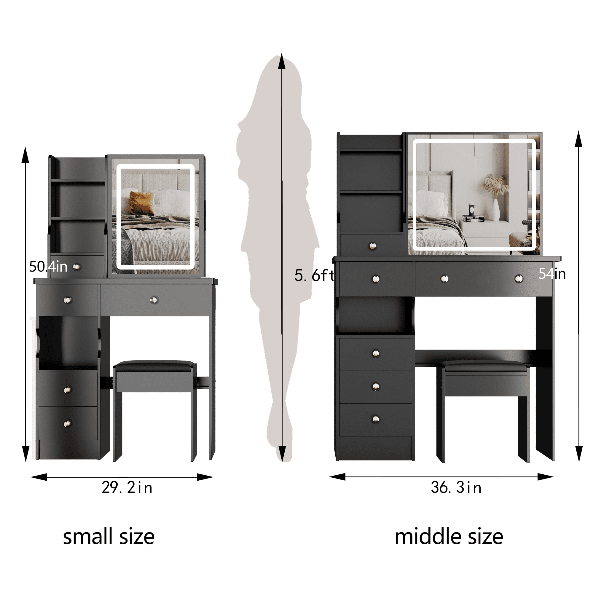 29.2" Small Size Left Drawer Desktop Vanity Table + Cushioned Stool, Large Sliding, Touch Control, Tri-color Switching, Brightness Adjust LED Mirror, High Capacity Storage, Suitable for Small Space