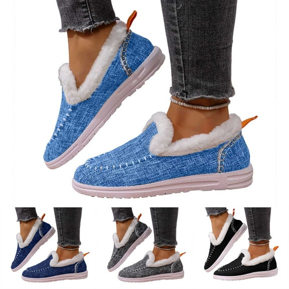 Dakaela Women's Slip on Loafers Orthopedic Fleece Lined Boat Shoes Arch Support Denim Canvas Casual Walking Flats Black 6