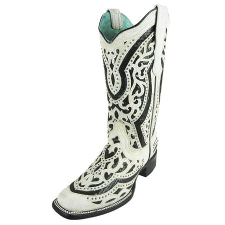 Corral Boots Black Sequin Inlay Studded Rustic White Cowgirl Boot - E1511 (9.5 B(M) US)