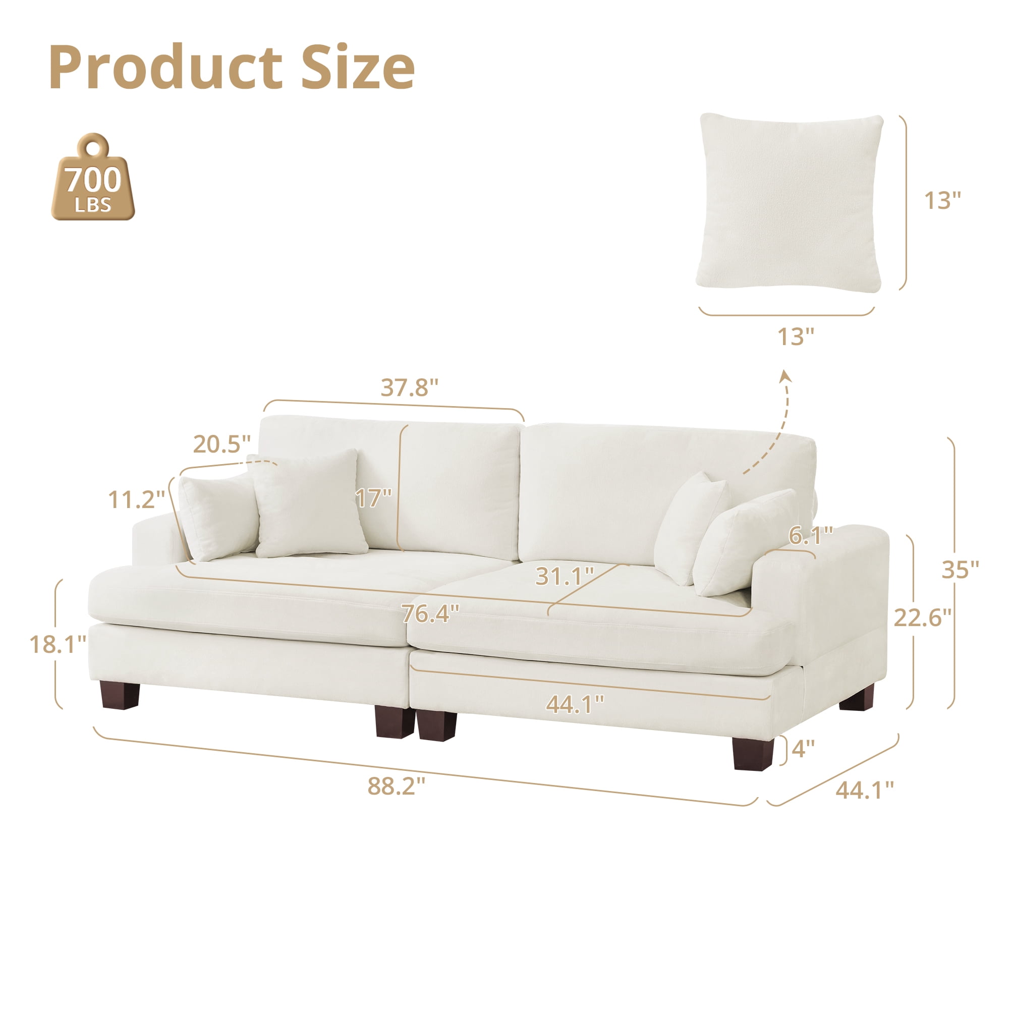 Dycanpo 3 Seater Corduroy Sectional Sofa with Pillow, 88" Upholstered White Couch, Loveseat Sofa for Living Room, Beige White