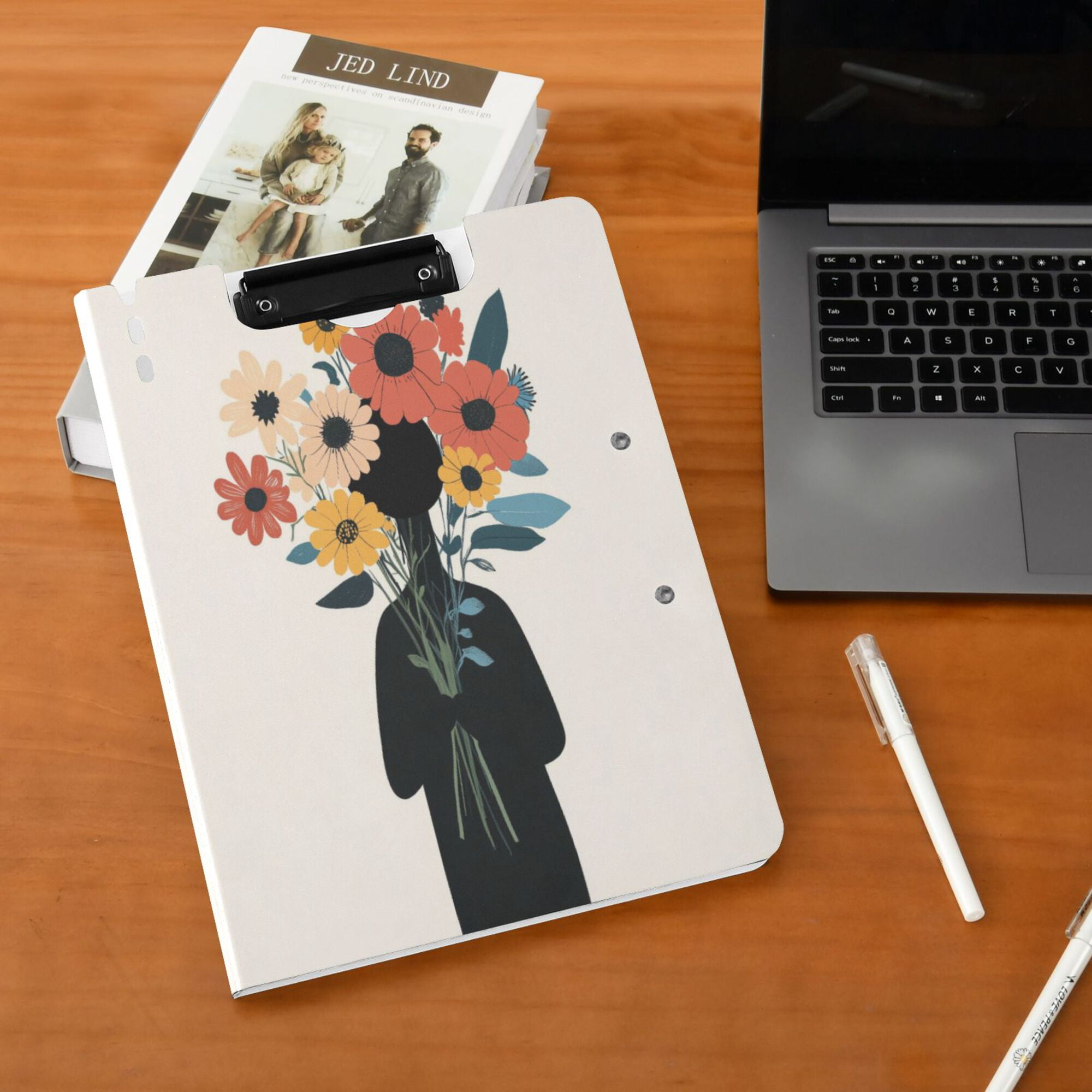 FORMRS A4 Clipboard Folder with Pen Holder Horizontal Foldable School Office Binder, Black Flowers