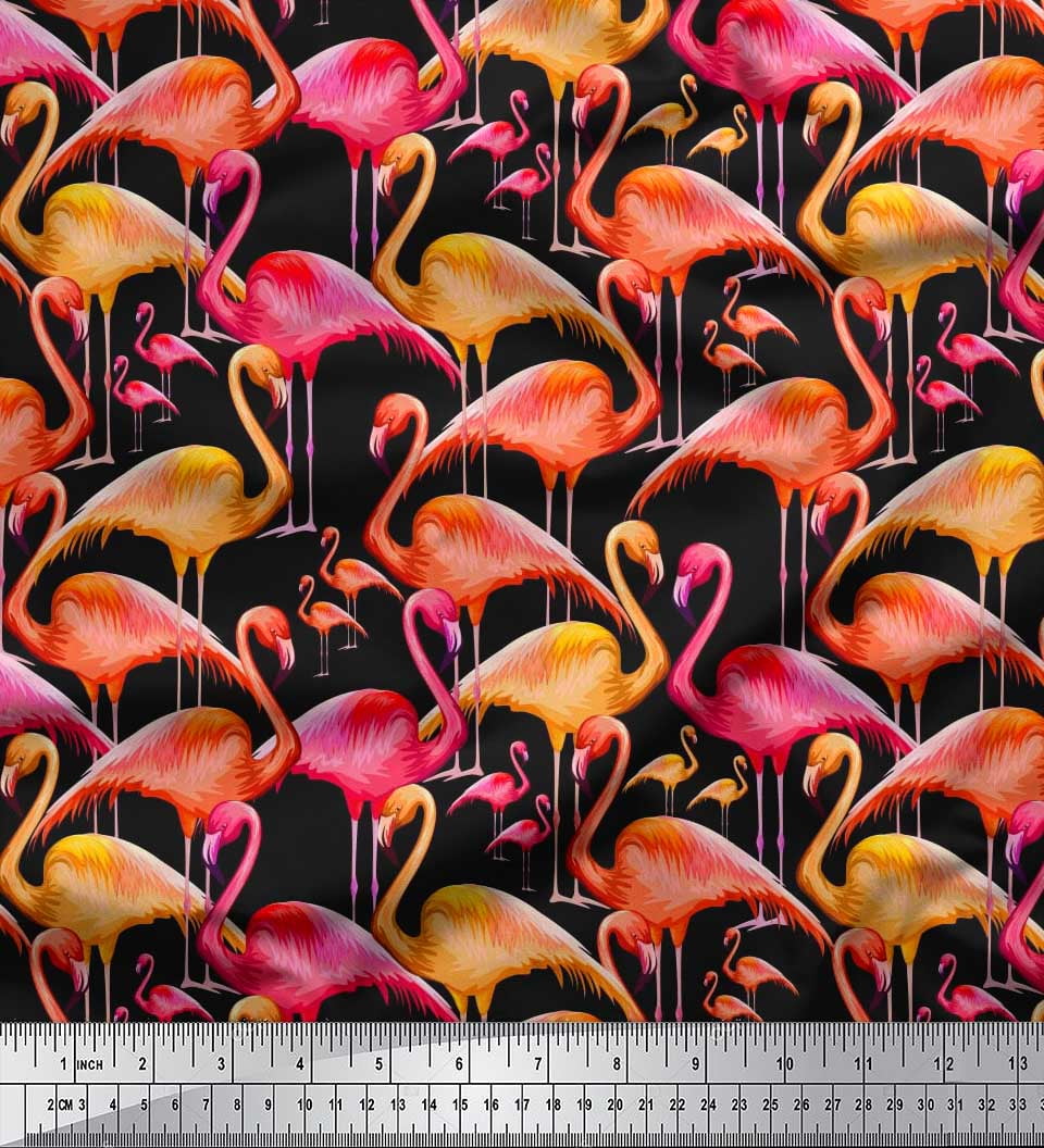 Soimoi Crepe Silk Fabric Flamingo Bird Print Sewing Fabric Yard 42 Inch Wide