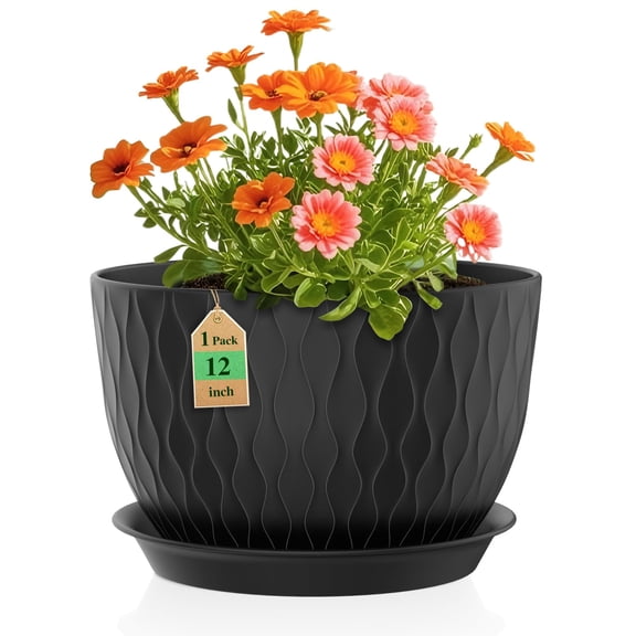 12 Inch Large Plant Pots for Indoor or Outdoor Plants, Wide Water Ripples Flower Pots with Drainage Holes & Saucer, Plastic Planters Set for Garden & Home Decor