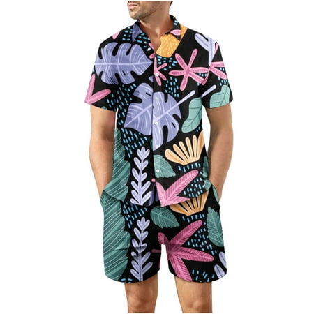 

Timegard Men s Hawaiian Matching Set Summer Beach 2 Piece Outfits Flower Button Cardigan Shirts and Shorts
